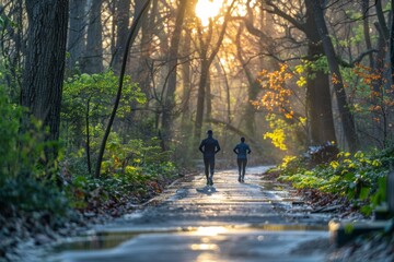 Two joggers enjoy a peaceful run on a sun-drenched path through a verdant park.