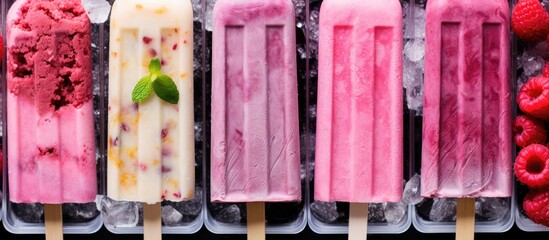 A detailed view of a row of popsicles topped with fresh raspberries and creamy vanilla ice cream, creating a tempting and refreshing treat