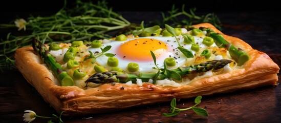 Savory pastry featuring fresh asparagus and a perfectly cooked egg in a mouth-watering close-up shot
