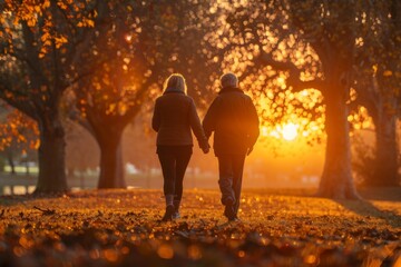 A couple holding hands walks towards the sunrise in a park, surrounded by the warm colors of autumn.