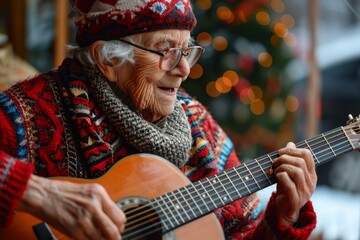 Smiling elderly woman in festive wear strums a guitar, holiday lights twinkling softly in the background.