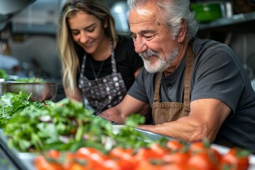 An elderly man instructing his granddaughter amidst fresh vegetables, sharing culinary wisdom.