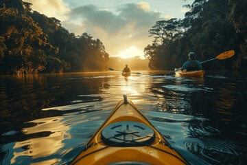 A serene view from the perspective of a kayak, following another across a calm river at sunrise.