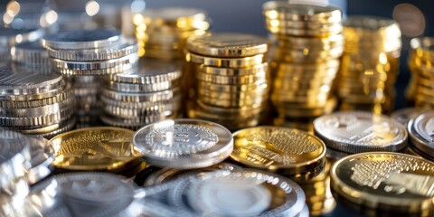 A pile of gold and silver coins. The coins are shiny and look valuable