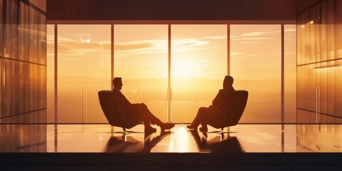 Two people are sitting in chairs in front of a window, watching the sun set. Scene is peaceful and relaxing, as the two people are enjoying the view and each other's company