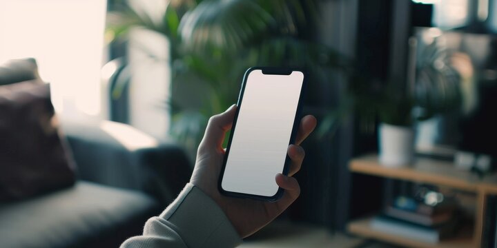 A Person Is Holding A Cell Phone In A Living Room. The Room Is Decorated With A Potted Plant And A Couch