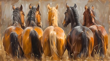 portrait oil painting features  a group of  majestic  horses standing in the row, luxury vintage moody farmhouse wall art, digital art print, wallpaper, background - obrazy, fototapety, plakaty