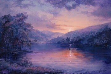 Twilight landscape in shades of purple - obrazy, fototapety, plakaty
