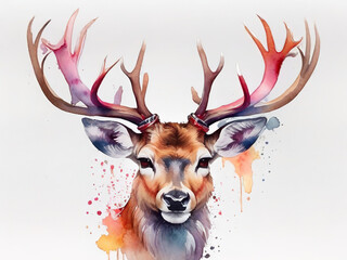 Watercolor vector illustration, deer head with big antlers. Wildlife illustration, isolated on white background.