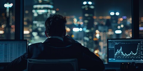 A man is sitting at a desk with two computer monitors in front of him. He is wearing a suit and tie and he is working on something important. The city outside the window is lit up at night - obrazy, fototapety, plakaty