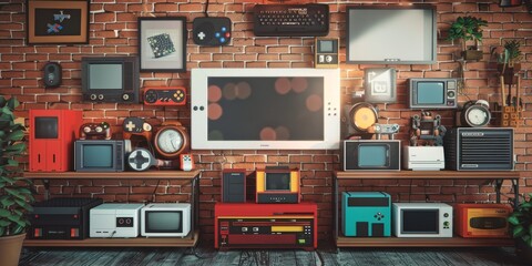 A wall of old electronics including a microwave, a television, and a clock. The wall is decorated with pictures and the electronics are arranged in a way that looks like a museum