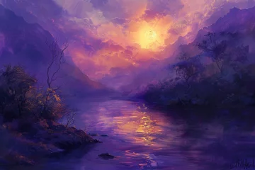Schilderijen op glas Twilight landscape in shades of purple © wpw