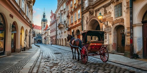 A horse and carriage ride down a cobblestone street. The carriage is red and the horses are brown. The street is lined with buildings and there are people walking around. The scene has a nostalgic