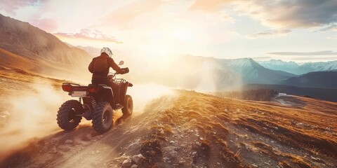 A man is driving a dirt bike on a dirt road. The sun is shining brightly, and the sky is clear. The man is wearing a helmet and a jacket. The scene is peaceful and serene