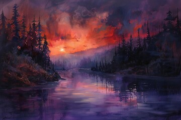 Fototapeta na wymiar Twilight landscape in shades of purple