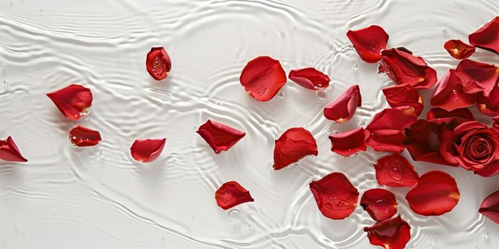 A white background with a red rose and water droplets. The water droplets are scattered around the rose, creating a sense of movement and life. The image conveys a feeling of tranquility and beauty