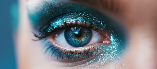 A detailed view of a female eye showcasing a vibrant blue eyeshadow with glitter accents, captivating and elegant - obrazy, fototapety, plakaty