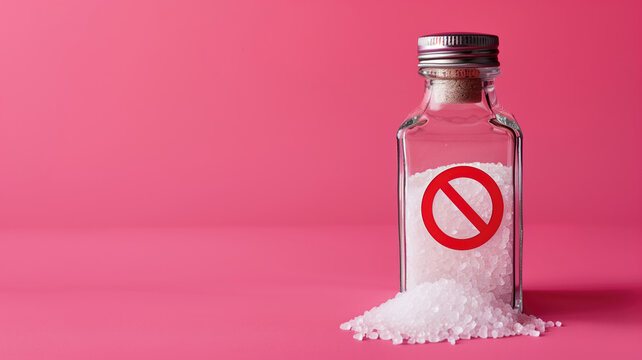 Glass salt shaker with no symbol on vibrant pink background, some spilled around base