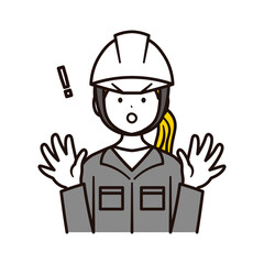 驚いている建築現場で働く笑顔の日本人女性会社員の上半身とビックリマークのイラスト素材