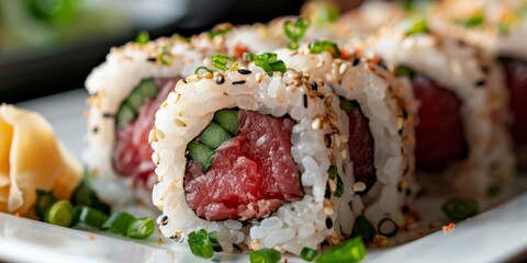 A sushi roll with a piece of meat in the middle. The roll is covered in rice and has a garnish of green onions