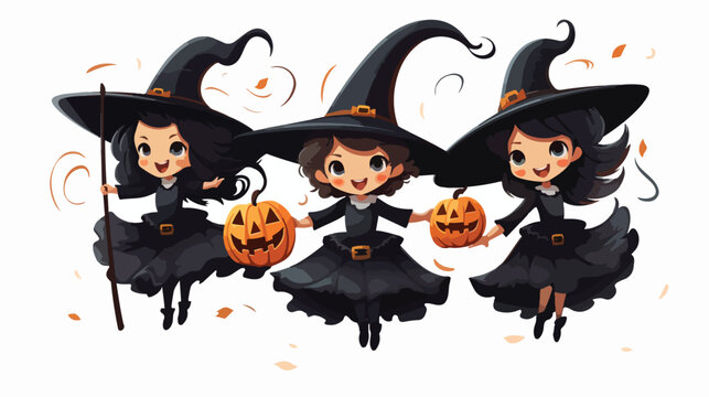 Cute Halloween witches flying on broomsticks clipar