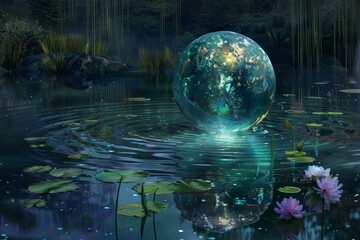 A glowing orb floating in the depths of a tranquil pond.