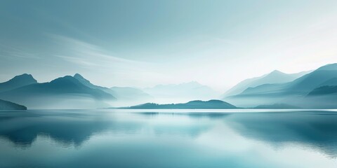 A serene and peaceful landscape with a large body of water and mountains in the background. The sky is clear and blue, and the water is calm and still. Concept of tranquility and calmness