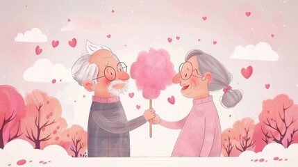 Grandparents sharing cotton candy, sweet moments, delightful 2D cute cartoon style
