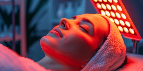 A woman is laying down with a red light on her face