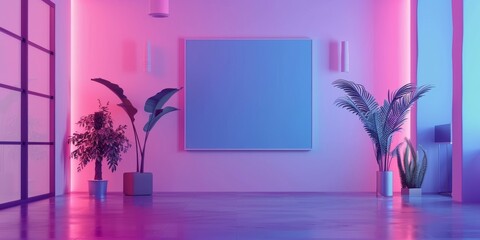 A room with a white wall and a large television. The room is decorated with plants and has a neon pink color scheme