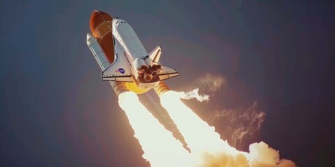 A space shuttle is in the air with a lot of smoke coming out of it - obrazy, fototapety, plakaty