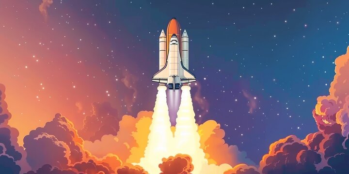 A space shuttle is flying through the sky with a bright orange trail behind it. The image has a dreamy, ethereal quality to it, with the orange trail giving it a sense of movement and energy