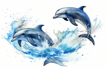 Playful dolphins leaping joyfully through ocean waves, splashes frozen in a moment of exuberance, isolated on white solid background