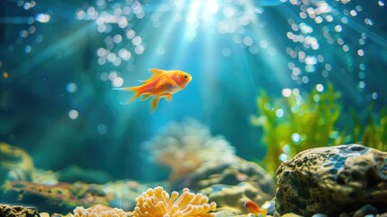 Fototapeta na wymiar Vibrant goldfish swimming in sunlit aquarium with underwater plants and rocks