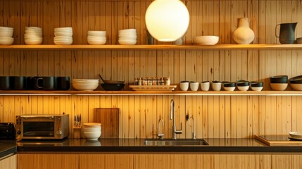 The kitchen embodies the ethos of less is more with ecofriendly bamboo cabinets and countertops and a single pendant light fixture that serves as the focal point. Open shelving showcases .