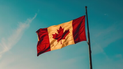 Canadian flag waving against clear blue sky with sunlight filtering through its fabric