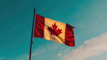 Canadian flag with maple leaf fluttering against bright blue sky