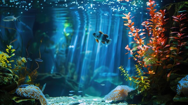 Tropical fish swimming in vividly colored aquarium with plants and sunlight filtering through water