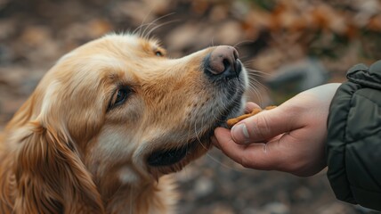 Obraz premium Person hand feeding biscuit to attentive golden retriever outdoors
