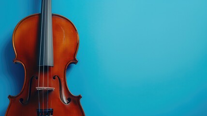 Fototapeta na wymiar Half of violin against blue background, showcasing its curves and wood grain detail