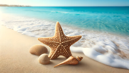 Fototapeta na wymiar Starfish and seashells lie in the foreground on the bright, fine sand.