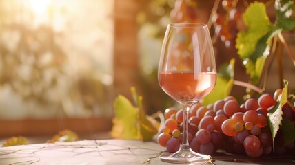 Glass of rose wine with grapes in vineyard during sunset