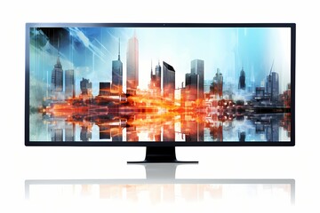 Close-up of a glossy computer monitor reflecting a digital cityscape, isolated on white background