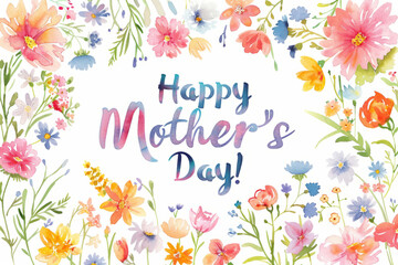 Festive watercolor illustration with flowers and Happy Mother's Day greeting, celebrating maternal love