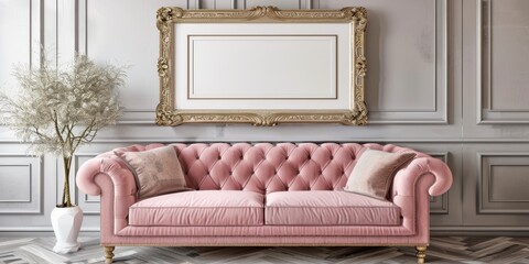 A large pink couch sits in front of a white framed mirror. The room is decorated in a classic style with a white wall and a wooden floor