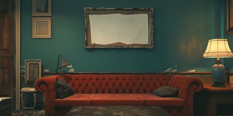 A red couch sits in a room with a large mirror on the wall. The room is dimly lit, giving it a cozy and intimate atmosphere