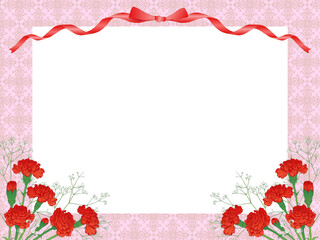 カーネーションとかすみ草とリボンのフレーム②横_赤_洋風背景