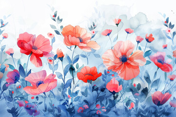 Ethereal watercolor red poppies, a dreamy artistic interpretation of vibrant spring flowers