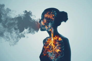 3D rendering of human lungs with a double exposure effect, smoke and fire coming from the veins of lung anatomy - obrazy, fototapety, plakaty