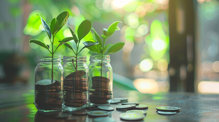 Fototapeta na wymiar seeds grow in small jars a few coins inside building financial success business marketing money growth saving and investing